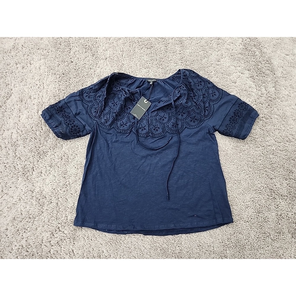 Lucky Brand Blouse Womens M Blue Eyelet Embroidered Tie Neck Short Sleeve NWT